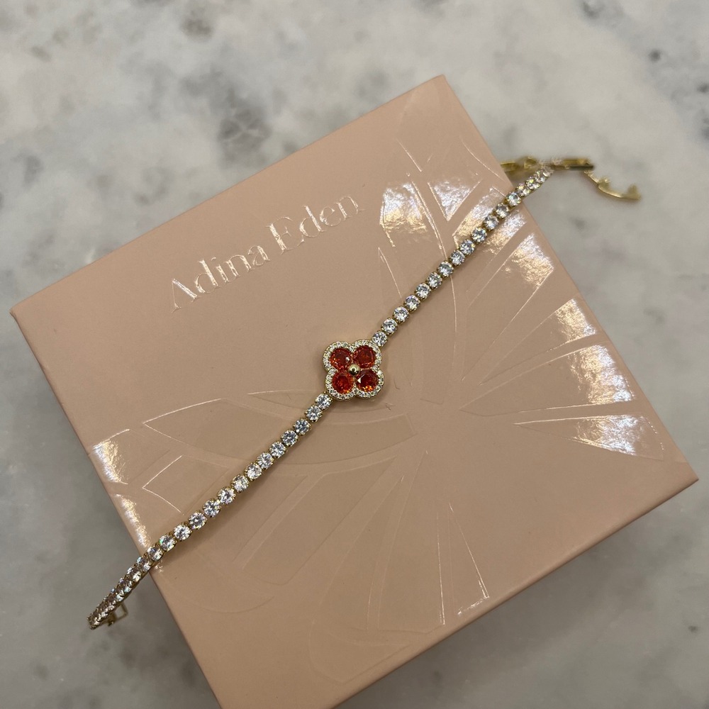 Red Orange Clover Pave Tennis Bracelet Adina Eden 14K Gold‎ Plated Rhinestone CZ